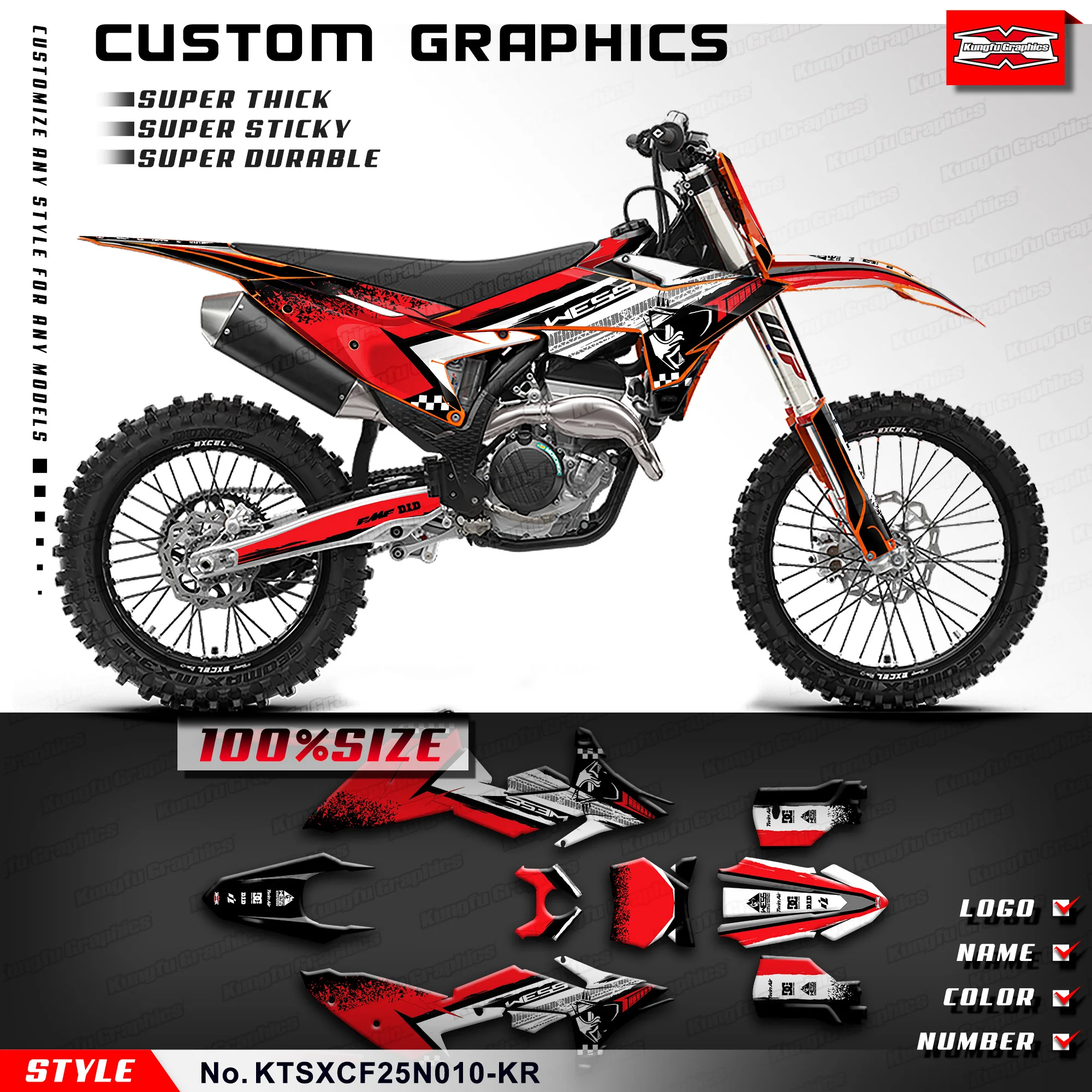 

KUNGFU GRAPHICS MX Stickers Adhesive Decals for KTM 125 250 SX SXF XC XCF 25 26 & SXF 450 FACTORY EDITION 2024, KTSXCF25N010-KR