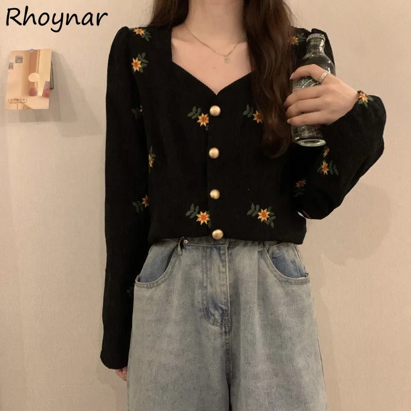 Borduren Bloemen Shirts Dames Herfst Retro Bladerdeeg Mouw V-hals Corduroy Basic Knop Mode Trendy Koreaanse Stijl Casual Eenvoudig