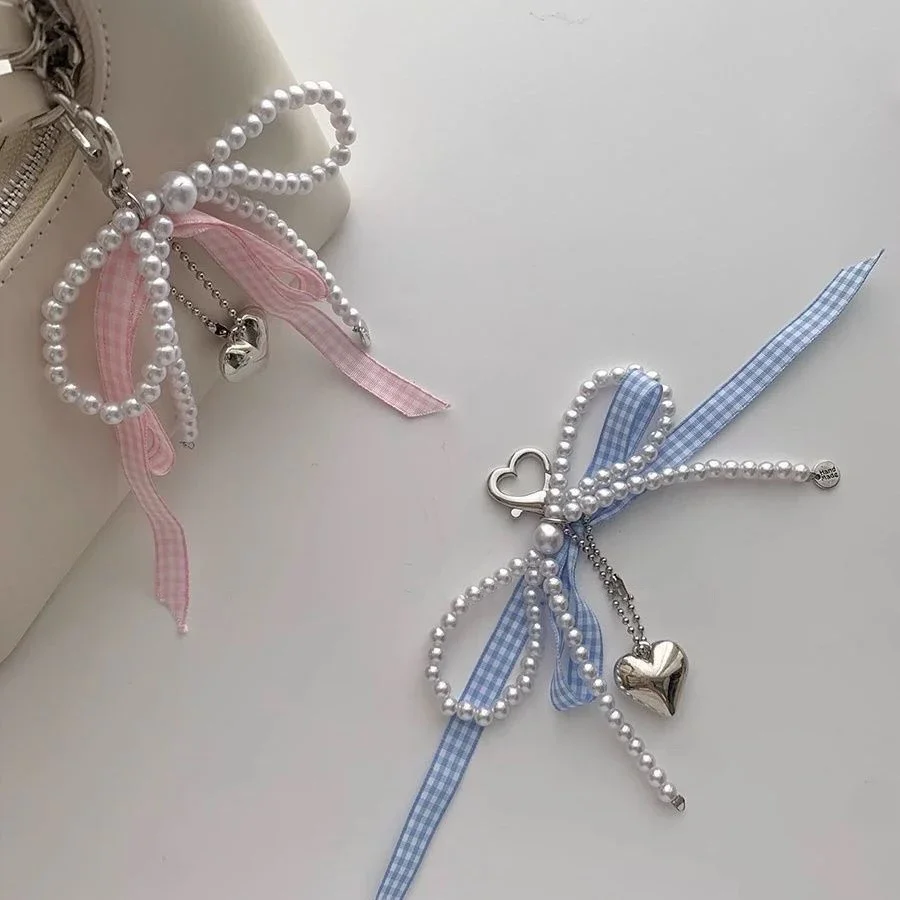 Y2K Lattice Ribbon Bowknot Pearls Bag Pendant Charm Heart Keychain Elegant Beaded Keyring Sweet Key Chain Phone Key Bag Hangings