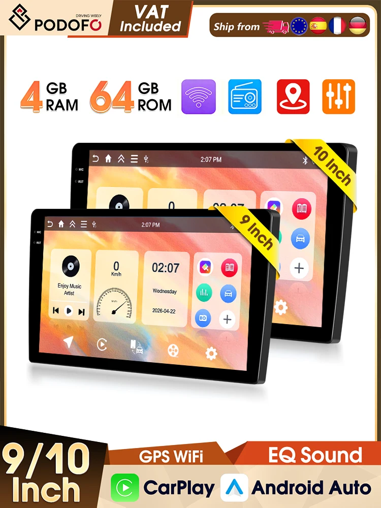 Podofo 9/10" 4+64G Universelles Autoradio Stereo Kabelloses CarPlay Android Auto Autoradio WIFI GPS FM RDS Bluetooth Auto-Multimedia-Player