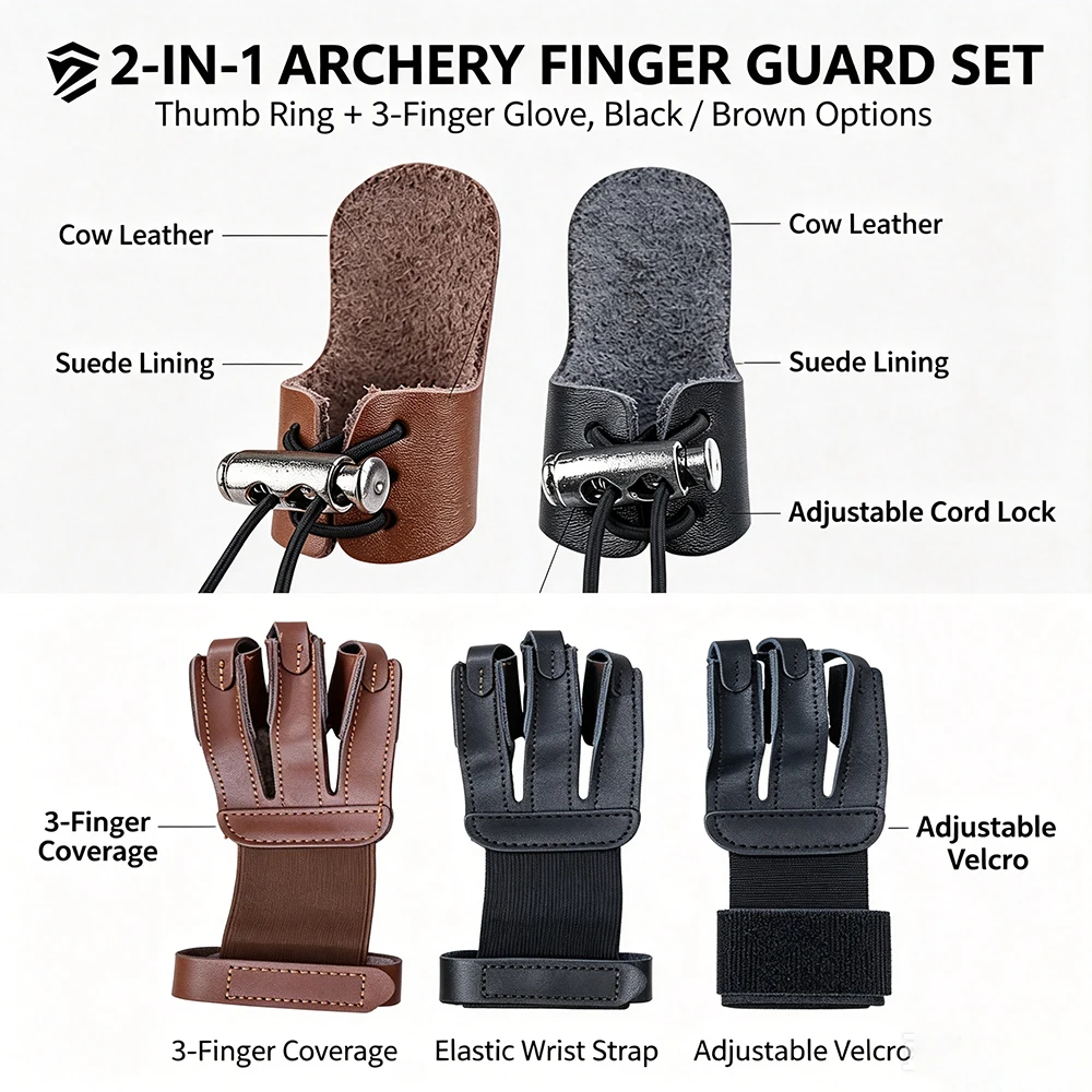 Ensemble de protection des doigts pour tir à l'arc 2 en 1, en cuir de vache véritable, gant de tir à 3 doigts + protection du pouce pour arc classique