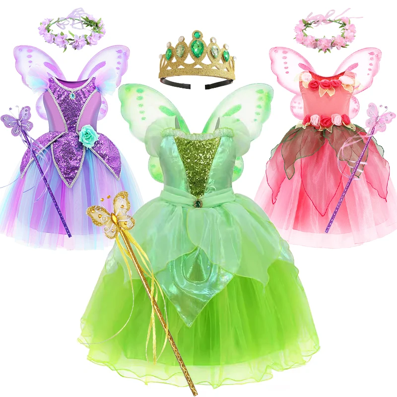 

Halloween Cosplay Girls Princess Tinker Bell Dress Up Wing Kids Fluffy Flower Fairy Masquerade Birthday Party Children Clothing