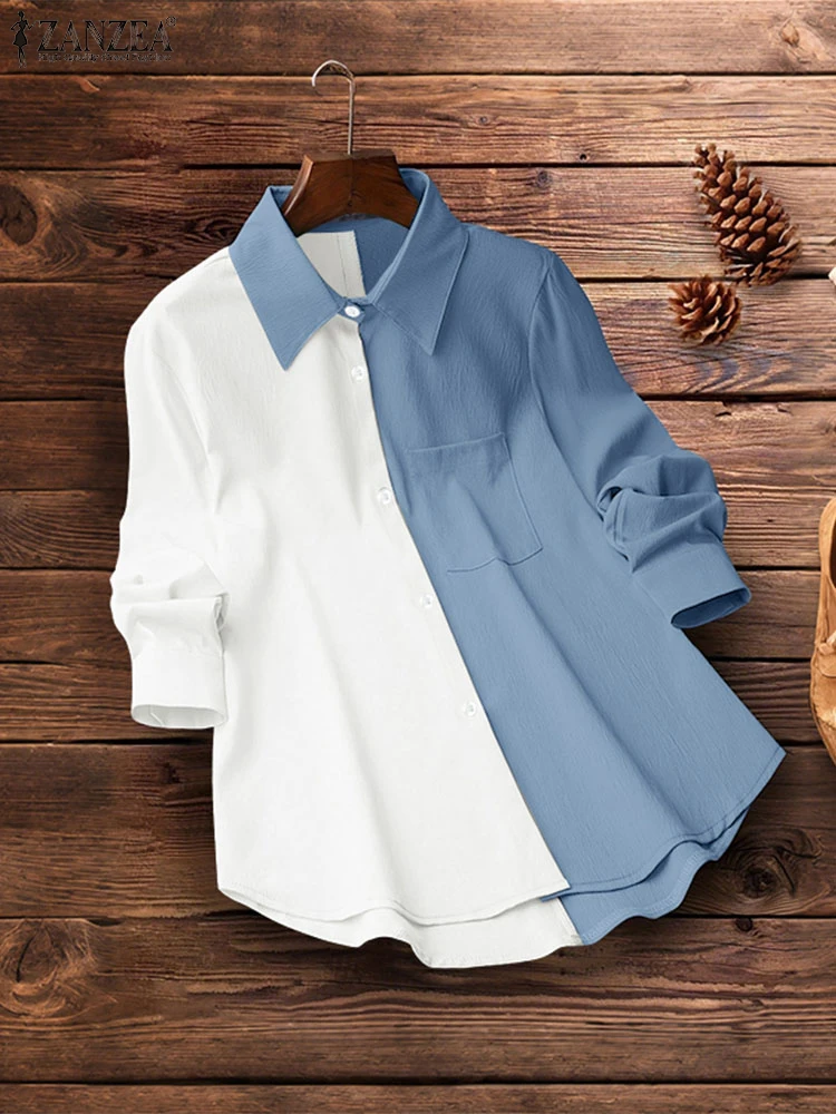 

2025 ZANZEA Stylish Women Autumn Long Sleeve Patchwork Shirt Female OL Work Blouse Lapel Neck Office Shirts Blusas Buttons Tops