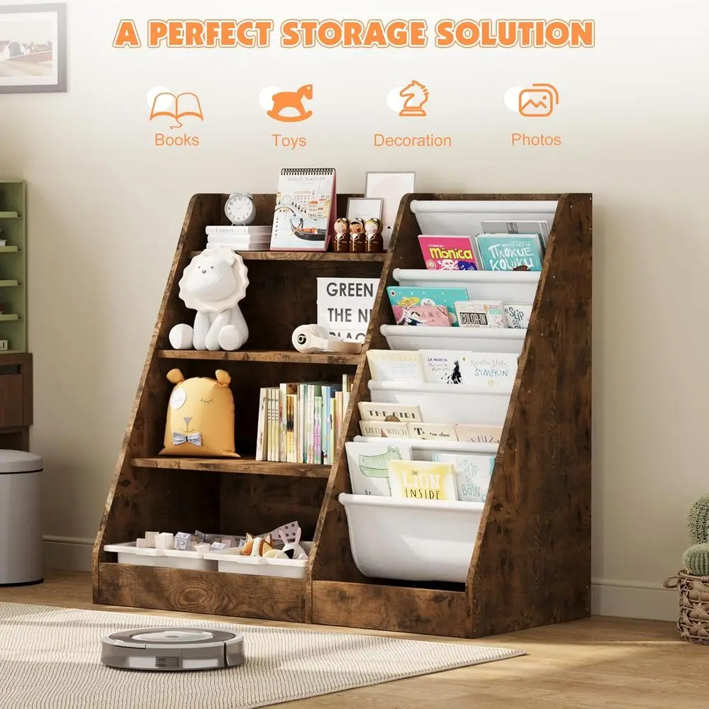 4-Tier Wooden Toddler Bookshelf with 5 Sling Sleeves for Nursery, Playroom, and Classroom Storage view 4