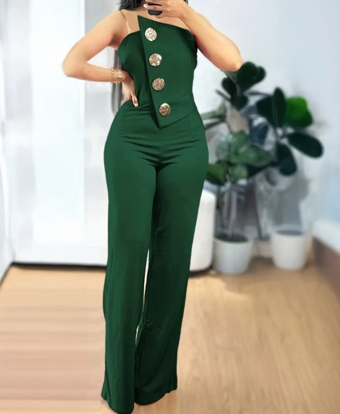 jumpsuit woman 2024 high quality Irregular strapless jumpsuit metal button decoration casual high waisted slim fit jumpsuit