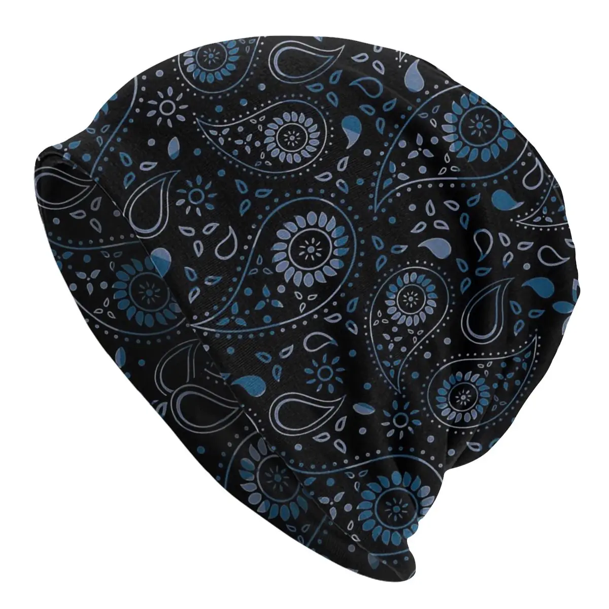 Beautiful Paisley Floral Pattern Shades Of Blue On Black Fashion Beanie Caps Bohemian Skullies Beanies Ski Caps Soft Bonnet Hats