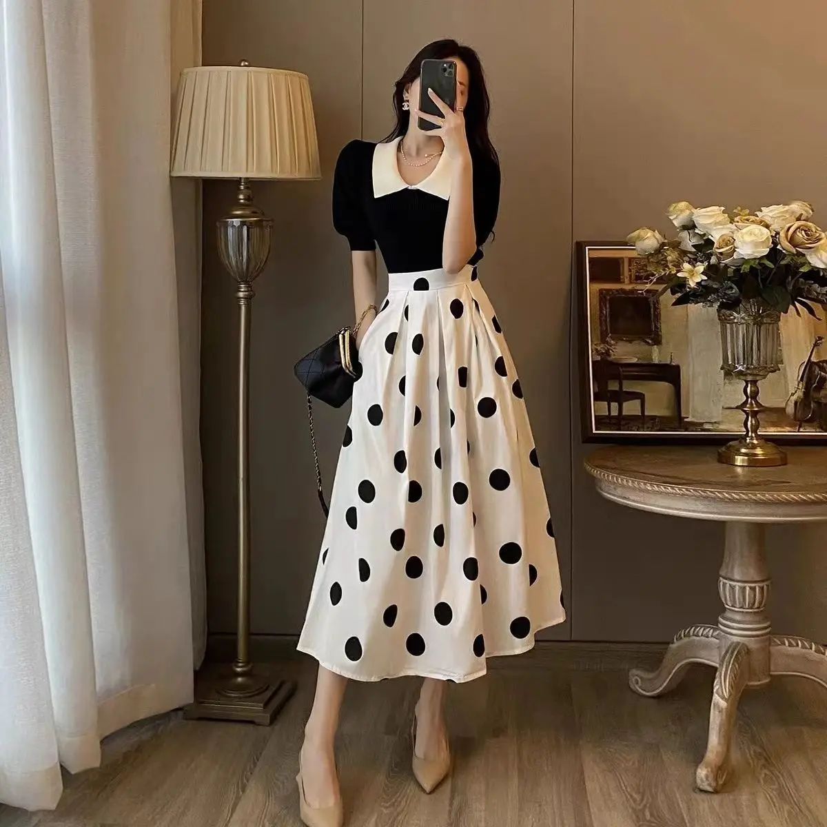 

Polka dot skirt and bubble sleeve top two-piece suit French retro Hepburn fashion temperament high waist loose slim dress