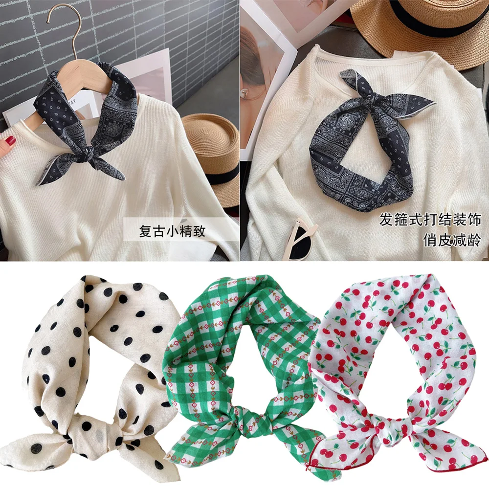 55x55cm Cotton Linen Square Scarf  Fashion Spring Autumn Thin Sunscreen Floral Handkerchief Women Neck Scarf Turban Bandanas