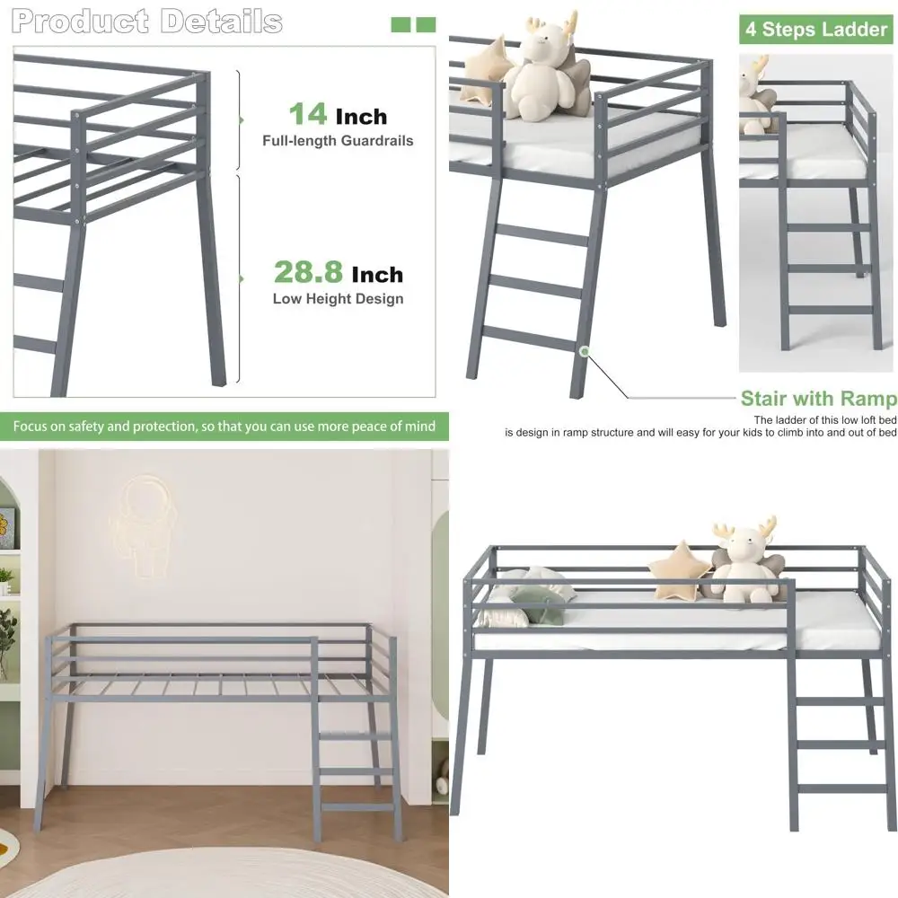 

Компактная двухъярусная кровать с лестницей и защитным бортиком для детей или подростков, серая