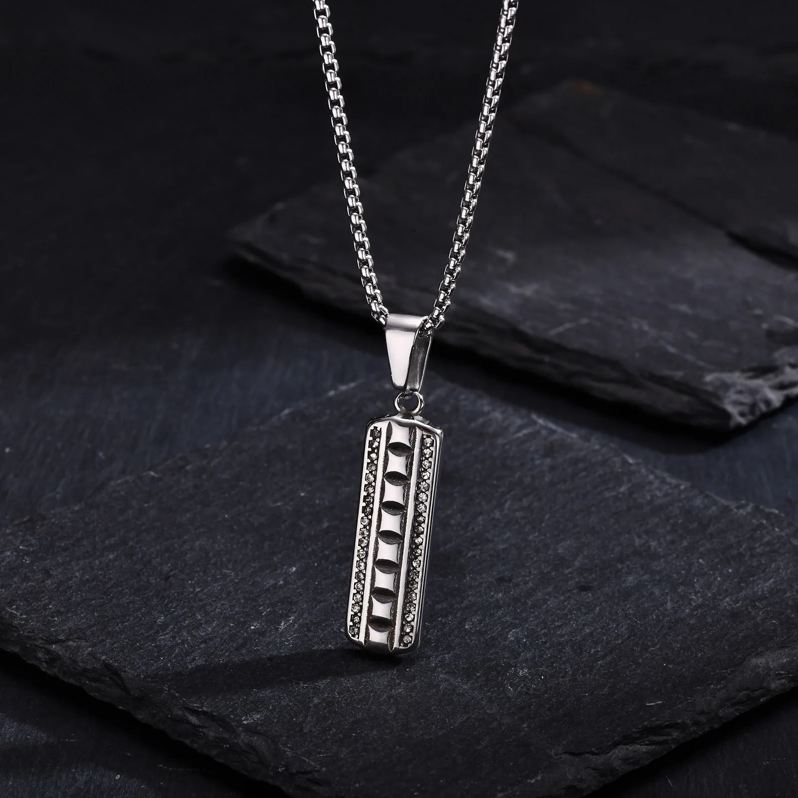 Vertical Bar Necklaces for Men Boys,Zircon Embossed Stainless Steel Pendant Necklaces,Stylish Trendy Jewelry Gifts