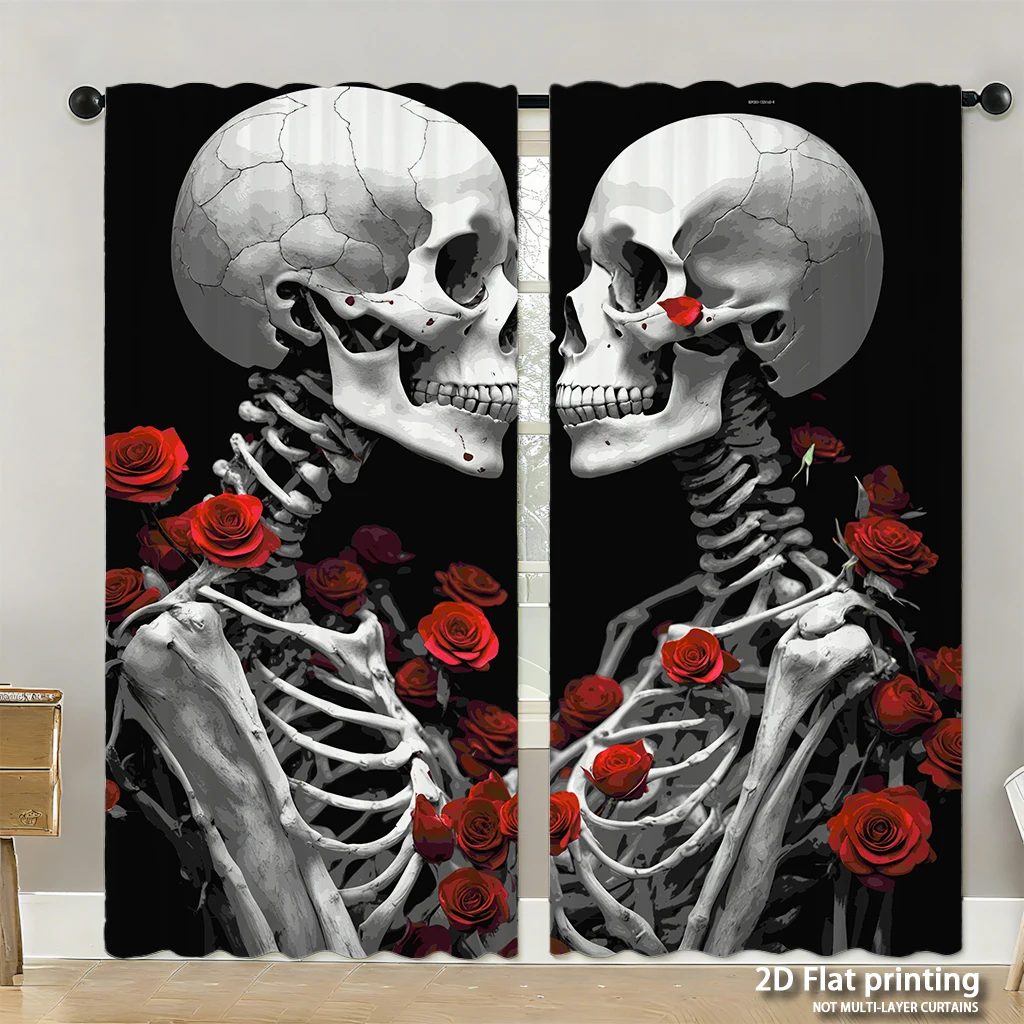

2-piece set of high-definition digital printed curtainsskeleton couple with red roses black background dark gothic styleHome dec