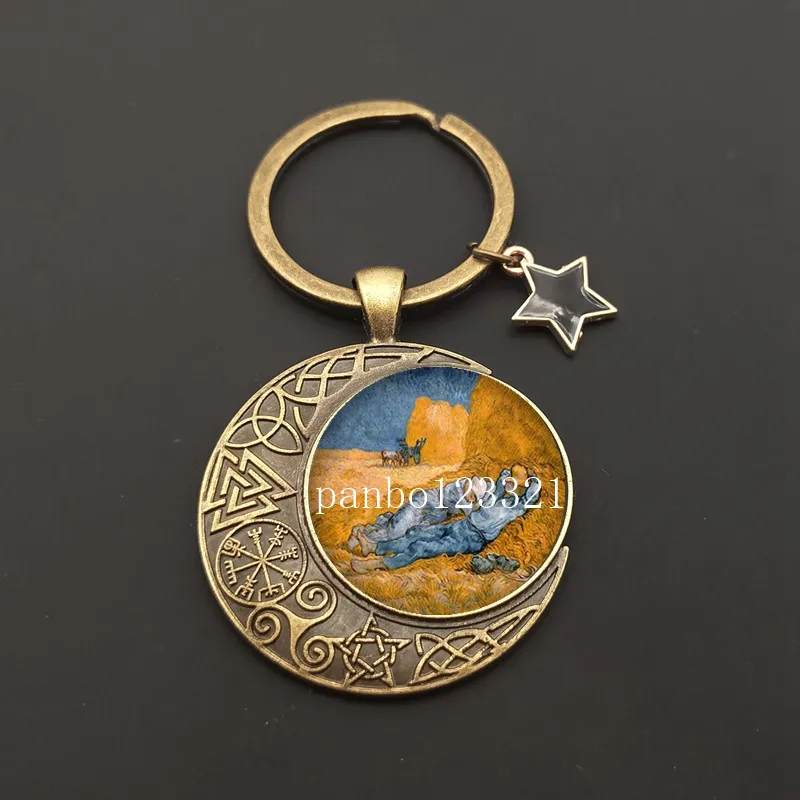 Van Gogh Art Master Oil Painting Keychain Art Glass Cabochon Jewelry Starry Night Sky Sunflower Pendant Ladies Lover Girl Gift