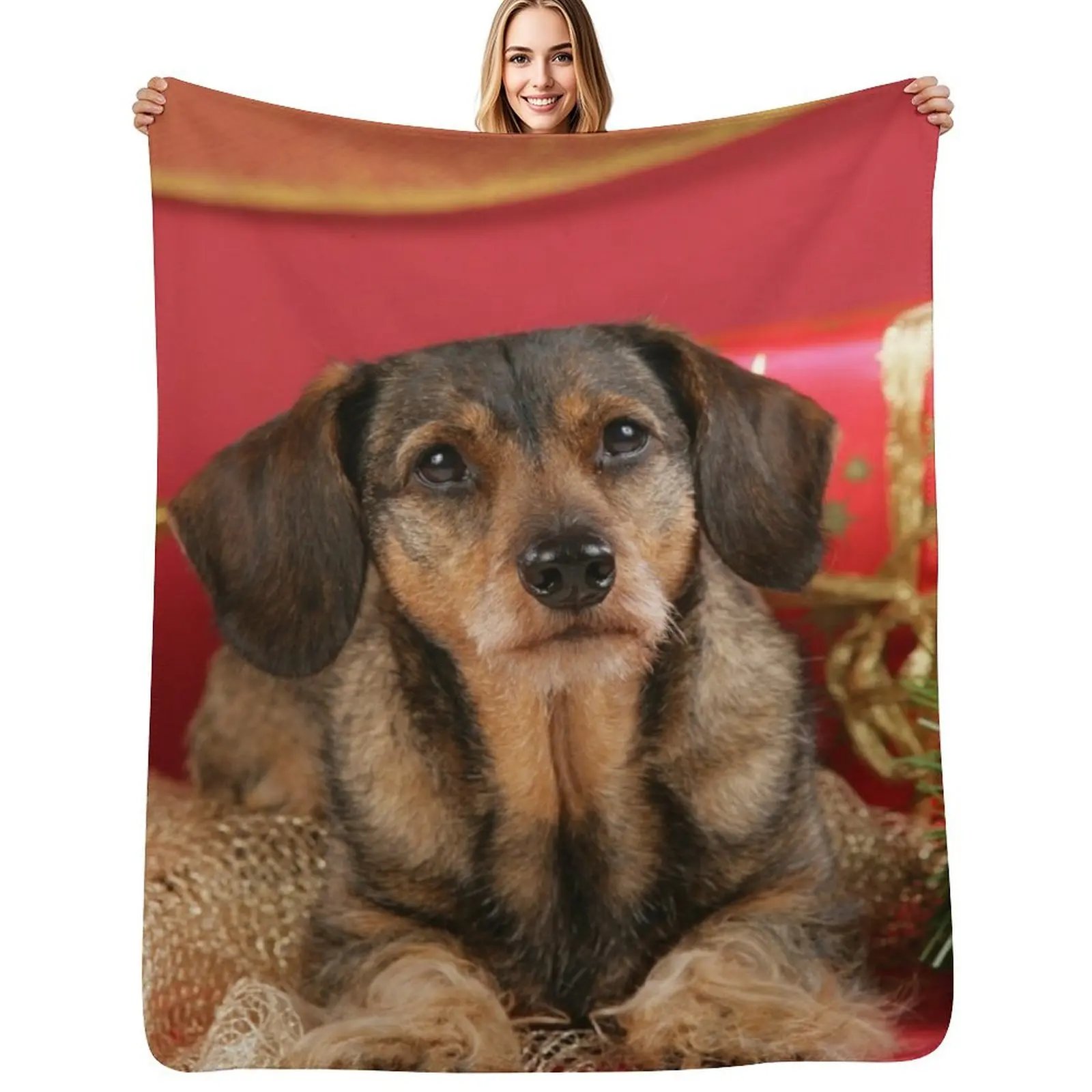 

Sweet wire-haired dachshund dog wishes Merry Christmas Throw Blanket Bed Plaid Blankets