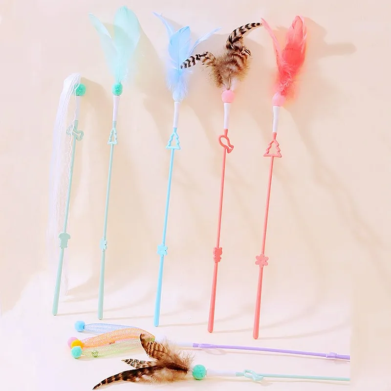 

Cat Toy Feather Cats Stick Interactive Cat Toy Ribbon Tassel Teaser Cats Toys with Bell Long Handle Kitten Teaser Feather Sticks