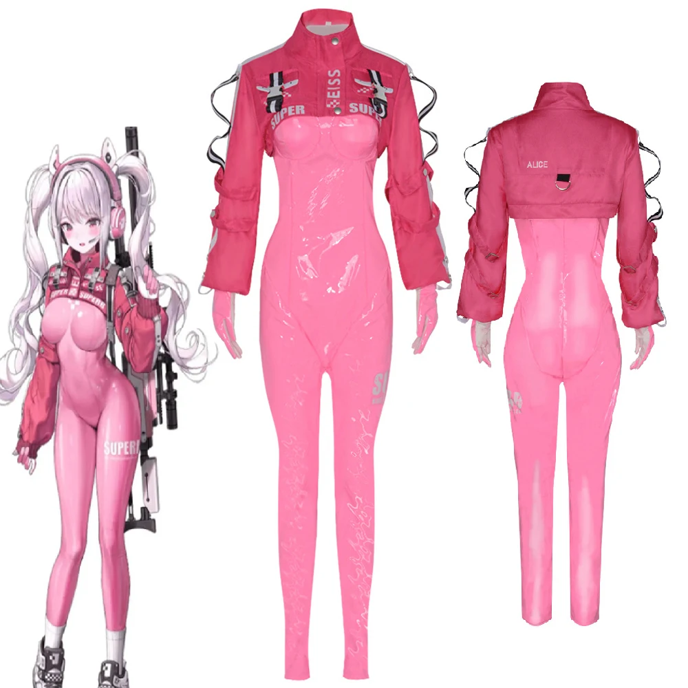 

Game Goddess of Victory: Nikke Alice Cosplay Costume Sexy Women Lovely Uniform Bodysuit Gloves Halloween Pink Suit Jumpsuit