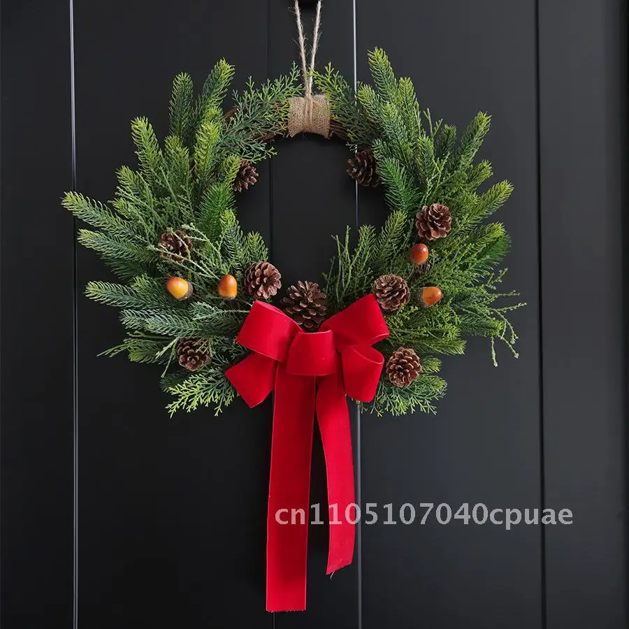

Christmas wreath natural pine cone PE leaf wreath green berry rattan fence stair decoration pendant