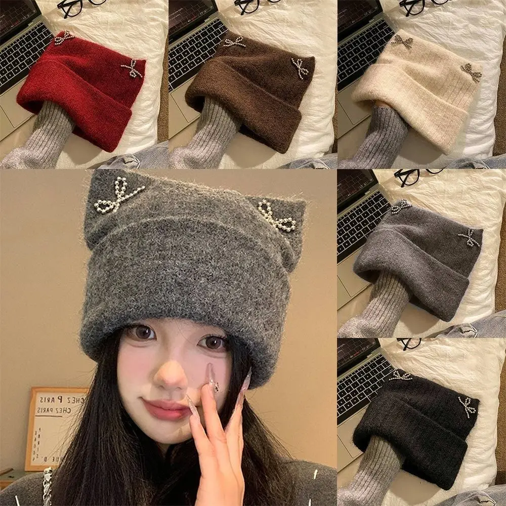 

Casual Cute Cat Ear Knitted Beanie Hat Cold-proof Windproof Women Pullover Hats Thickened Warm Ear Protection Cap Winter