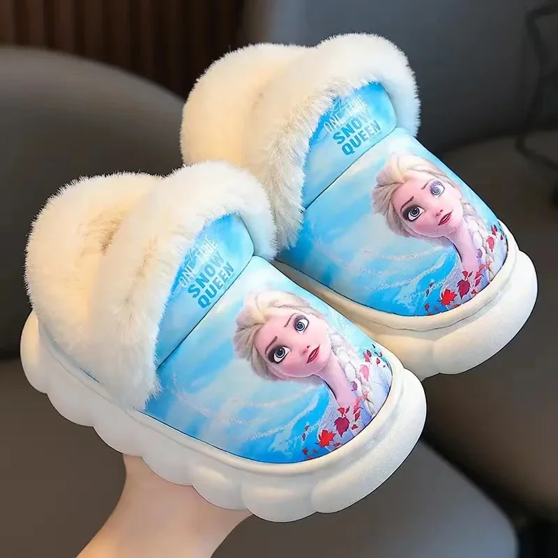 Disney Winter Children Baby Boy Cotton Slipper Kid Cartoon Frozen Elsa Spiderman Print Non Slip Warm Plush Girl Home Shoes 24-39