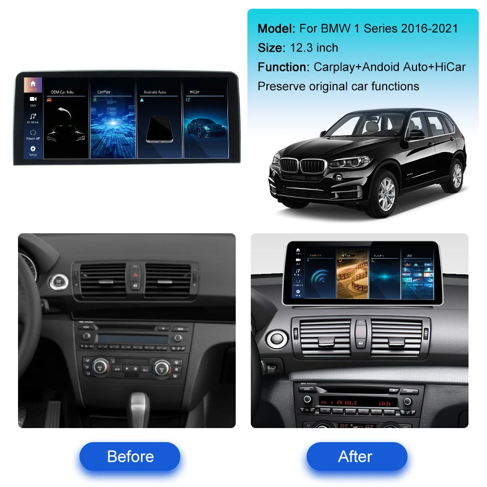 12.3 Inch For BMW 1 Series 2016-2021 Car Radio Multimedia Player GPS Navigation CarPlay QLED Touch Anti Glare Screen Head Unit