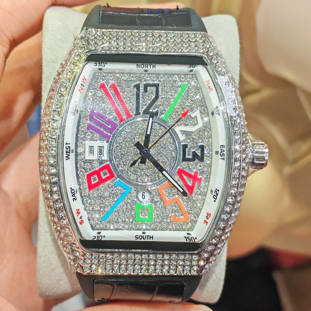 Full Diamond Hot Selling High Quality Tonneau Quartz Watches Men Leather Luxury Metal Sky Star Barrel Hip Hop Male Clock Watch