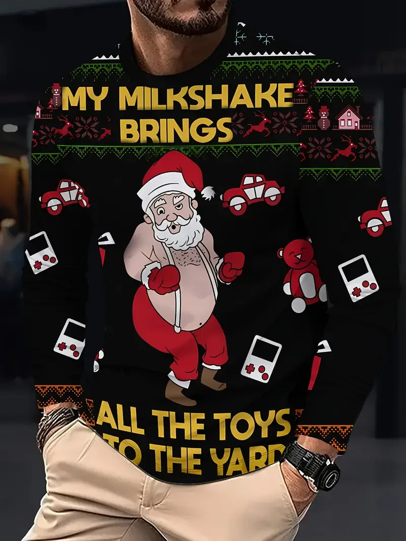 Funny 3D Graphic Long Sleeve Man T-Shirt Fashion Santa Clause Pattern O-Neck Pullover Men's Christmas Elements Casual Tops Shirt