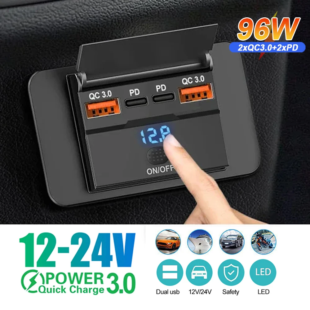 3/4 Ports PD + QC3.0 Doppel USB Steckdose Schnelle Lade Typ C Telefon Ladegerät Buchse Panel Mit Schalter LED Licht für Auto Lkw Marine