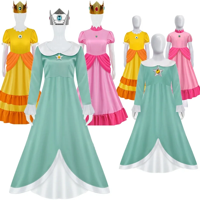 

Carnival Masquerade Mother Kids Cosplay Game Movies Luigi Brothers Peach Dress Halloween Women Girls Party Performance Costume