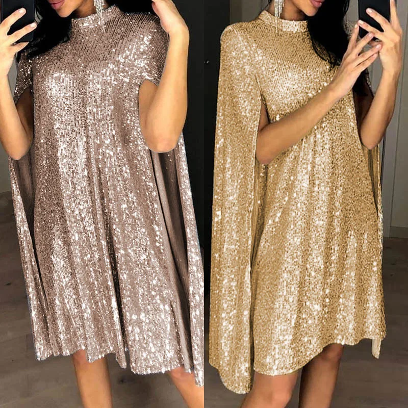 

2024 New Women's Beaded Long Sleeve Split Short Skirt Small Standing Neck Sequin Dress Loose Fit