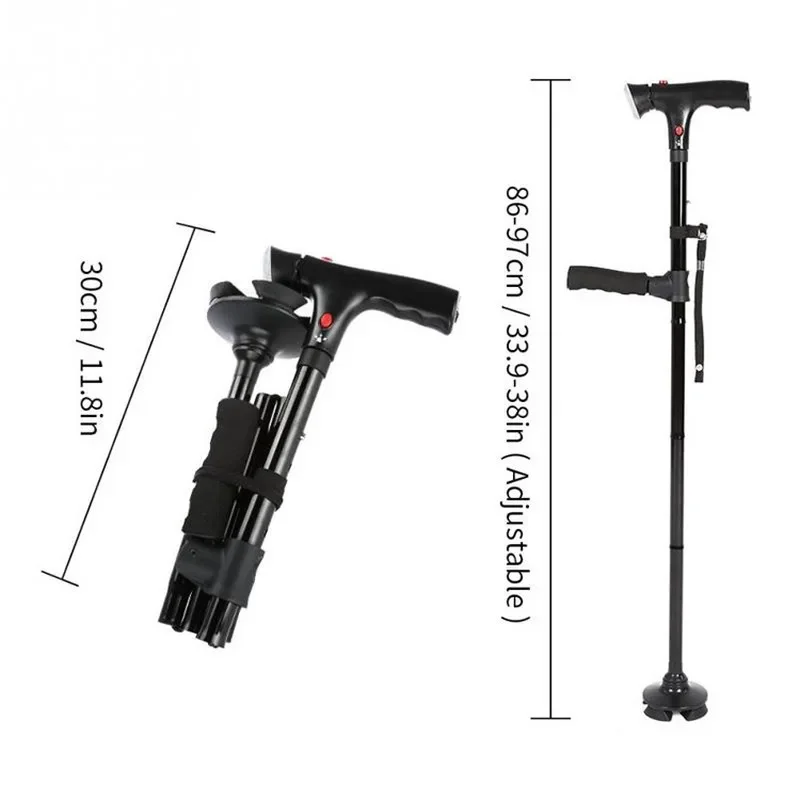 Collapsible LED Walking Cane Telescopic Folding Cane Alarm Walking Trusty Sticks Elder Crutches Double Handle Trekking Poles