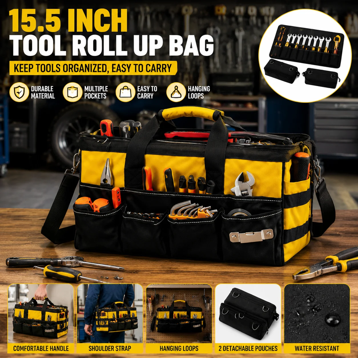 Durable Tool Roll Up Bag 15.5“ Portable Tool Storage Organizer with Multiple Pockets, Oxford Fabric Wrench Roll Bag with Handle and Shoulder Strap for Mechanic Garage Workshop