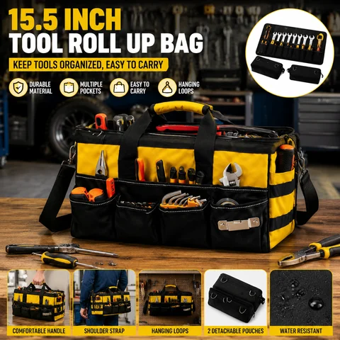 Durable Tool Roll Up Bag 15.5“ Portable Tool Storage Organizer with Multiple Pockets, Oxford Fabric Wrench Roll Bag with Handle and Shoulder Strap for Mechanic Garage Workshop