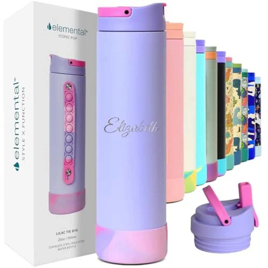 Iconic Personalized Water Bottle with Straw Lid and Stress Relief Pop It Handle, Custom Triple Insulated Stainless Steel Water