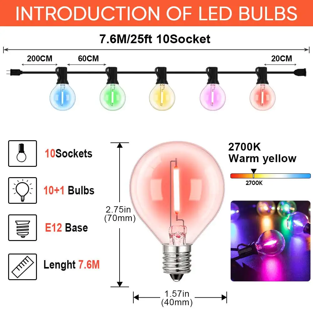 

LED G40 Christmas Outdoor String Light 220V Multicolor Globe String Lights E12 Light Bulbs for Street Garden Holiday Decorate