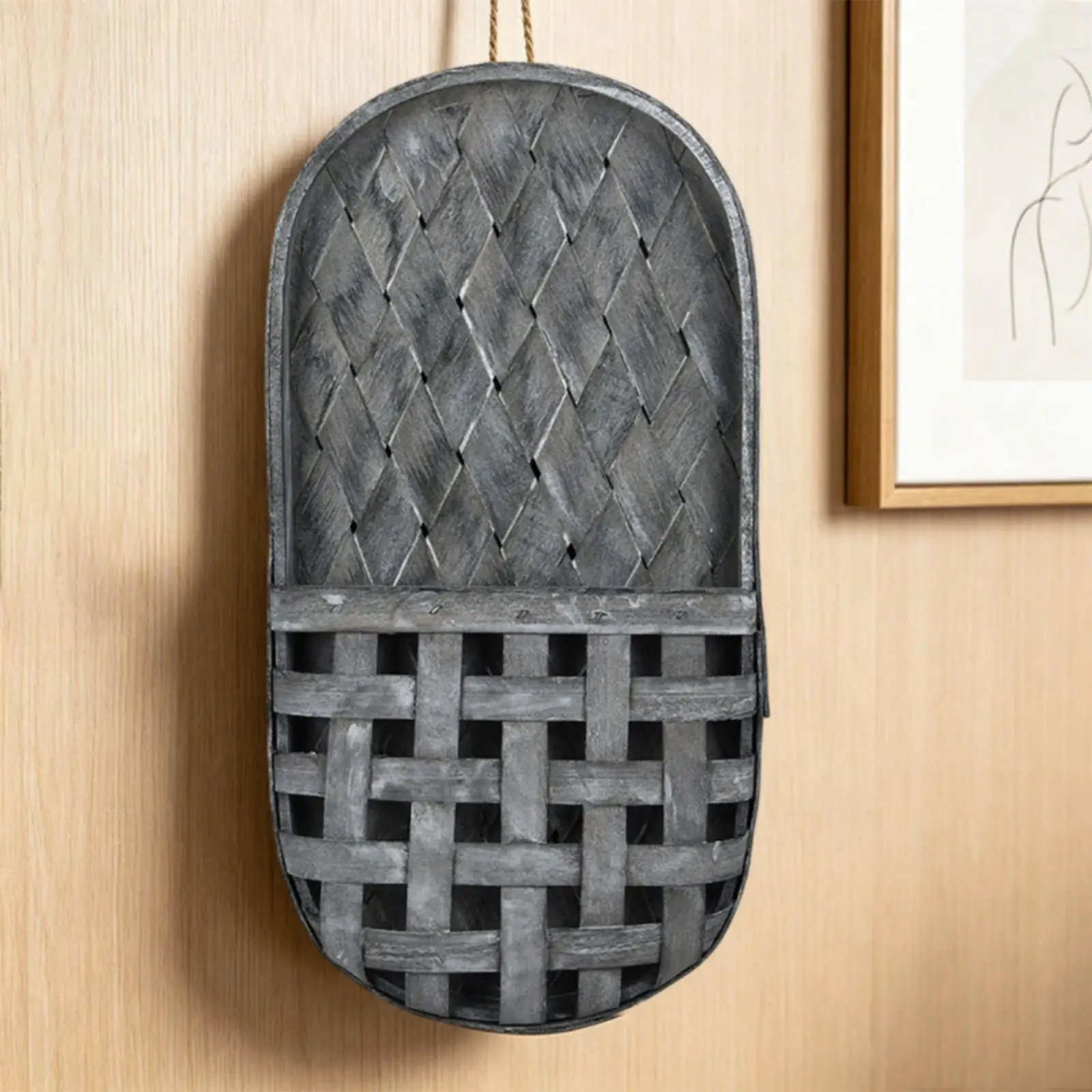 Woven Wood Basket Arched Top Wooden Wall Basket Shallow Profile Home Storage