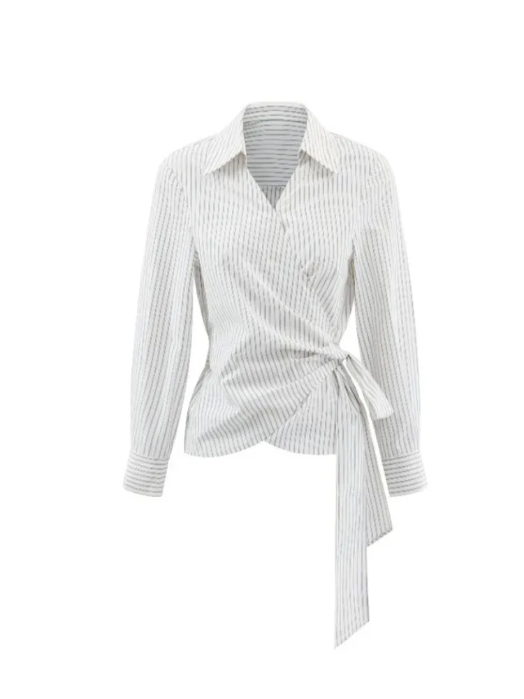 Striped Wrap Shirt Women Long Sleeve Button Down Blouse Slim Fit Waist Tie Top Autumn Office Wear Elegant Lapel Collared Outfit