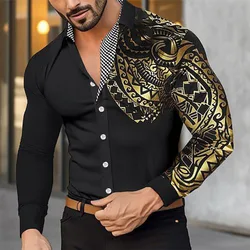 Men's Hawaii Long Sleeve Sleeve Shirt Autumn Men's Fashion New Hot Gold Printed Shirt Men Large Size Casual Long Sleeve Tops
