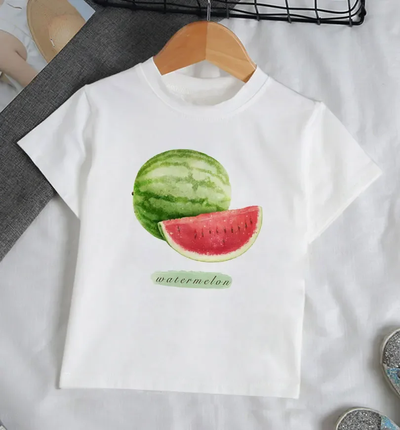 

Baby Boy Summer Clothes Tshirt 24M-9T Casual Harajuku Novelty Fruit Watermelon Pear Peach Name Girls Tops Fashion Kids T Shirt