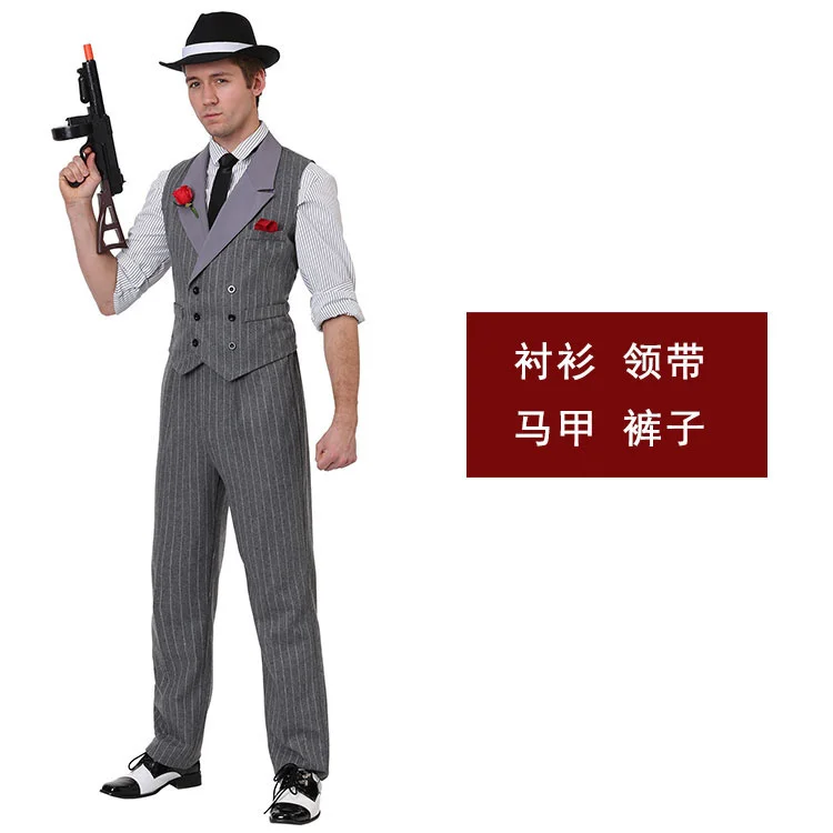 Halloween Cosplay Gangster Costume Party Boss Suit Fancy Clothing Striped Shirts Unisex Grey Set Men Uniform