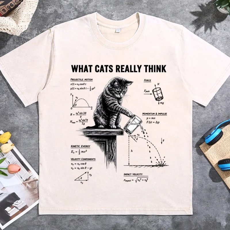 What Cats Really Think T Shirt Vintage Washed Funny Cat Physics Tee Men Women Short Sleeve Round Neck T-shirts Clothes