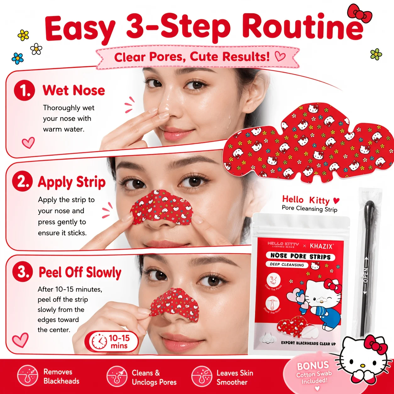 15PCS Red Hello Kitty Cartoon Nasal Patch, deeply cleans pores and gently exfoliates. Attached are 10 Cleaning tools image 6