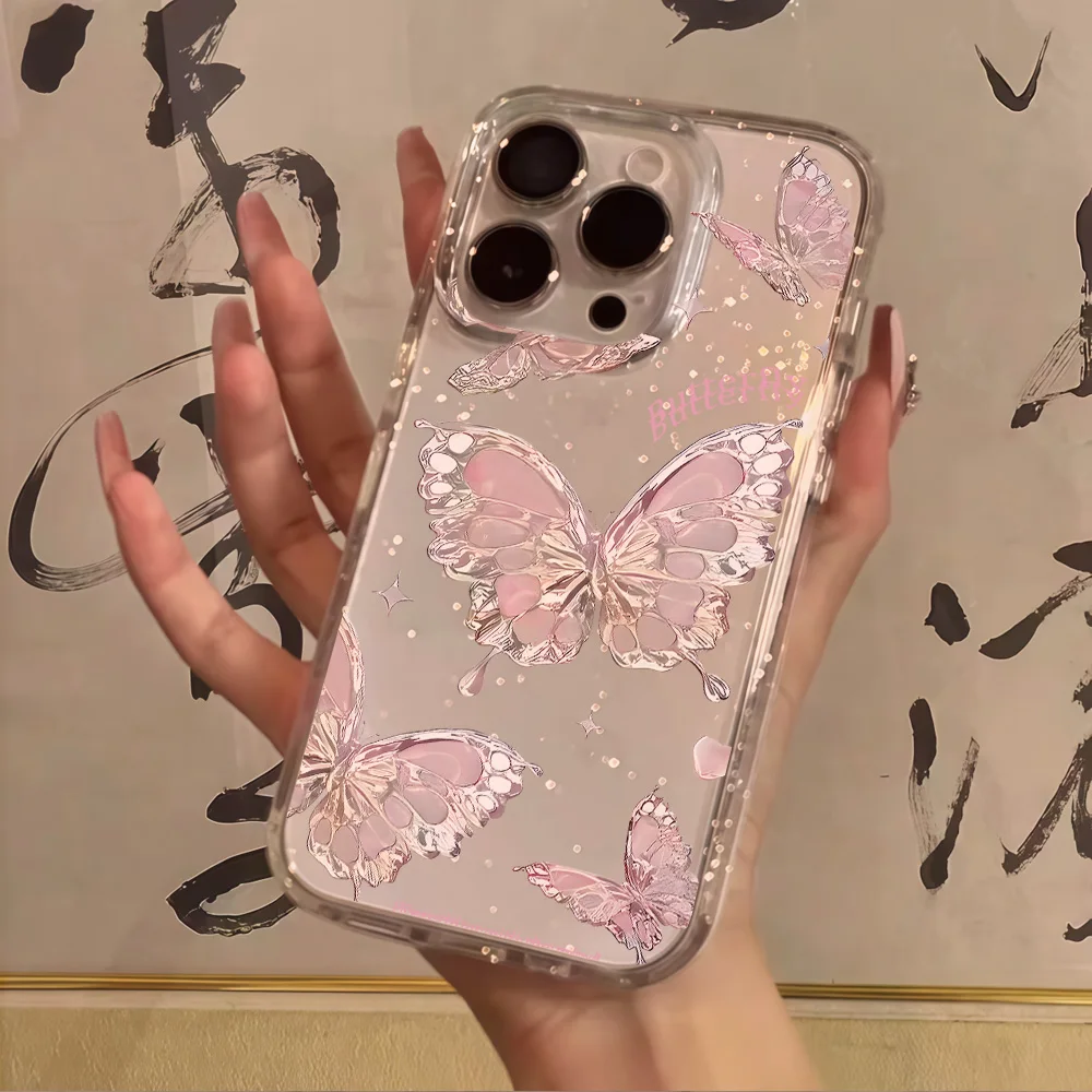 Pink Butterfly Clear Glitter Phone Case For iPhone 17 13 16 15 11 12 14 Pro Max XR 17 Air 16e Case Soft Shockproof Cover