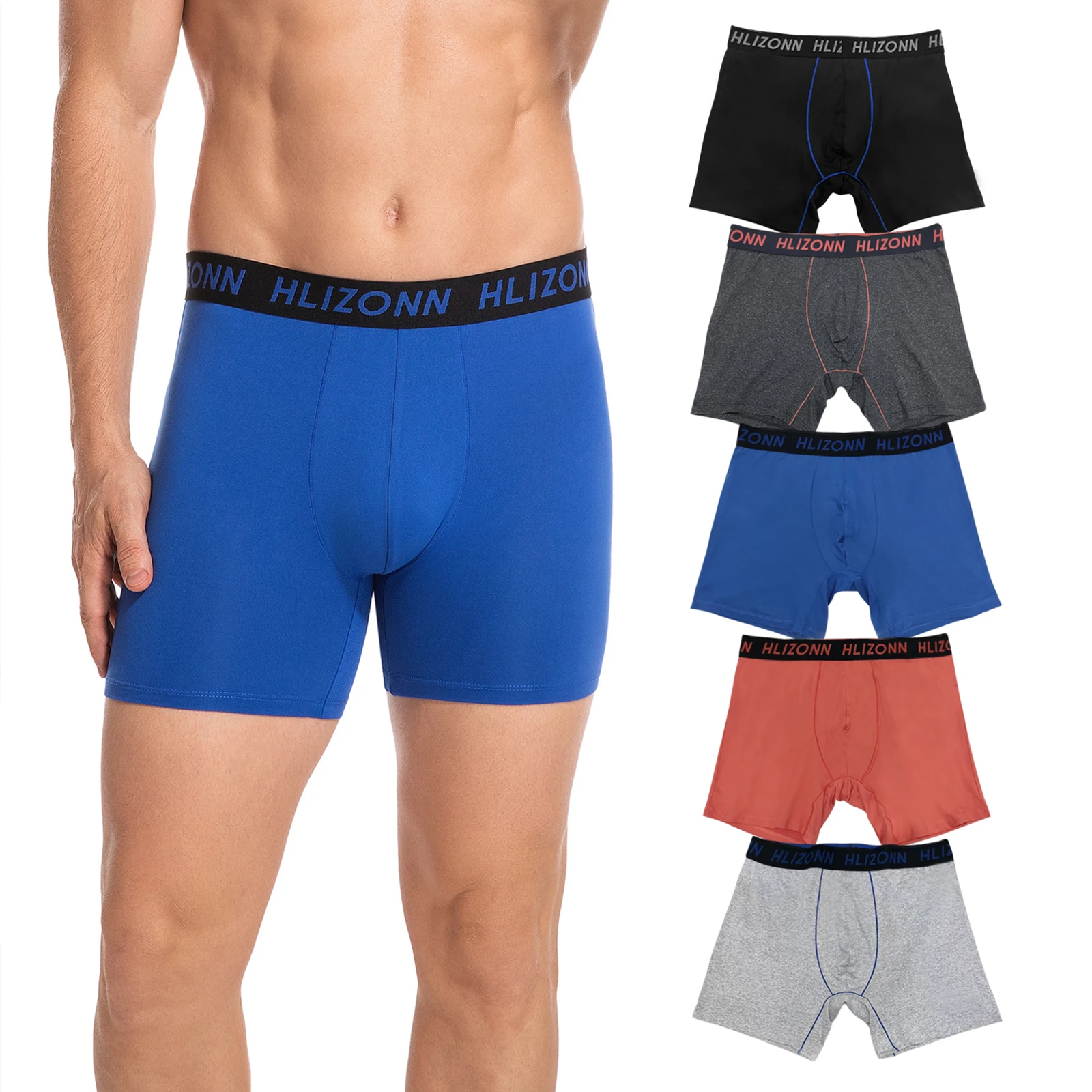 

5PCS Hlizonn Men Moisture Wicking Boxer Briefs Ultra Soft No Fly Bulge Pouch Underwear Contrast Color Design 6" Inseam Boxers