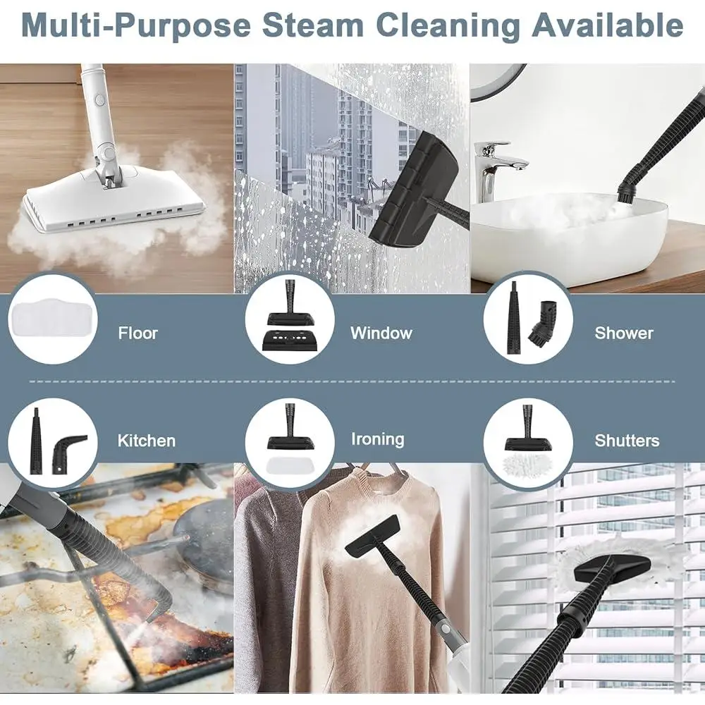 1200W Steam Mop 6 in 1 High Pressure Cleaner with Two Modes 400ML Removable Tank 23FT Cord Adjustable Height Detachable Pads