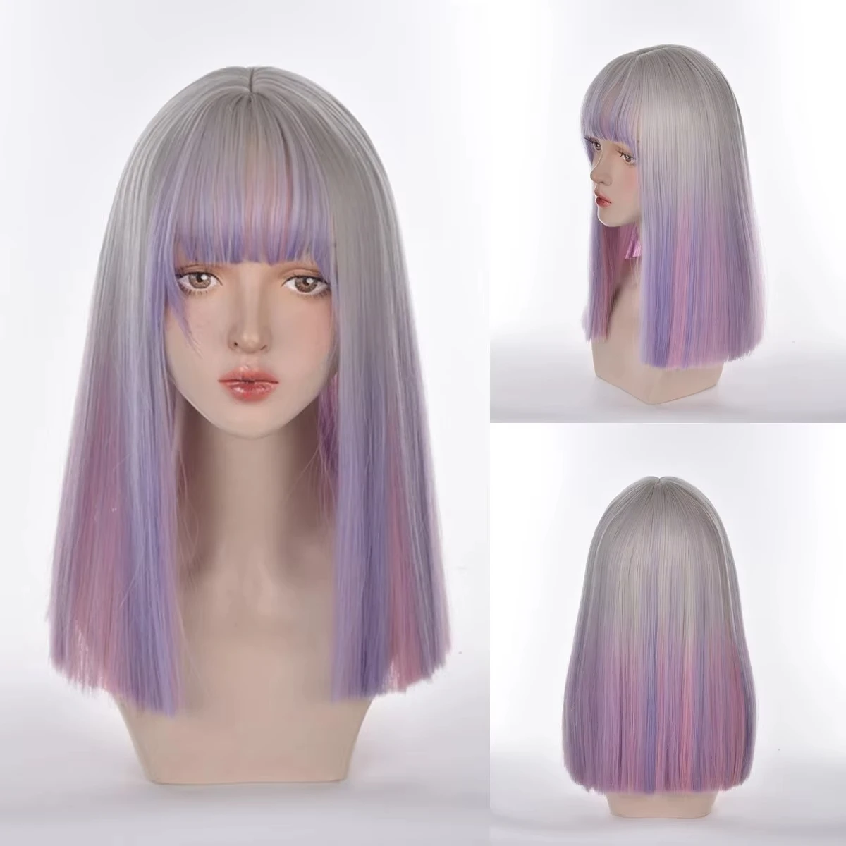 

VICWIG женский синтетический парик средней длины, косплей, Лолита, фиолетовый, розовый цвет, студенческая мягкая девушка, прямая челка