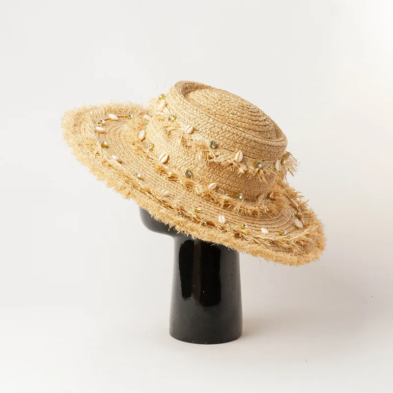 USPOP Summer Fashion Straw Sun Hat Shell Diamond Decoration Ring Top Raffia Wide Brim Beach Hat 2-pieces Set  Straw Hat and Bag