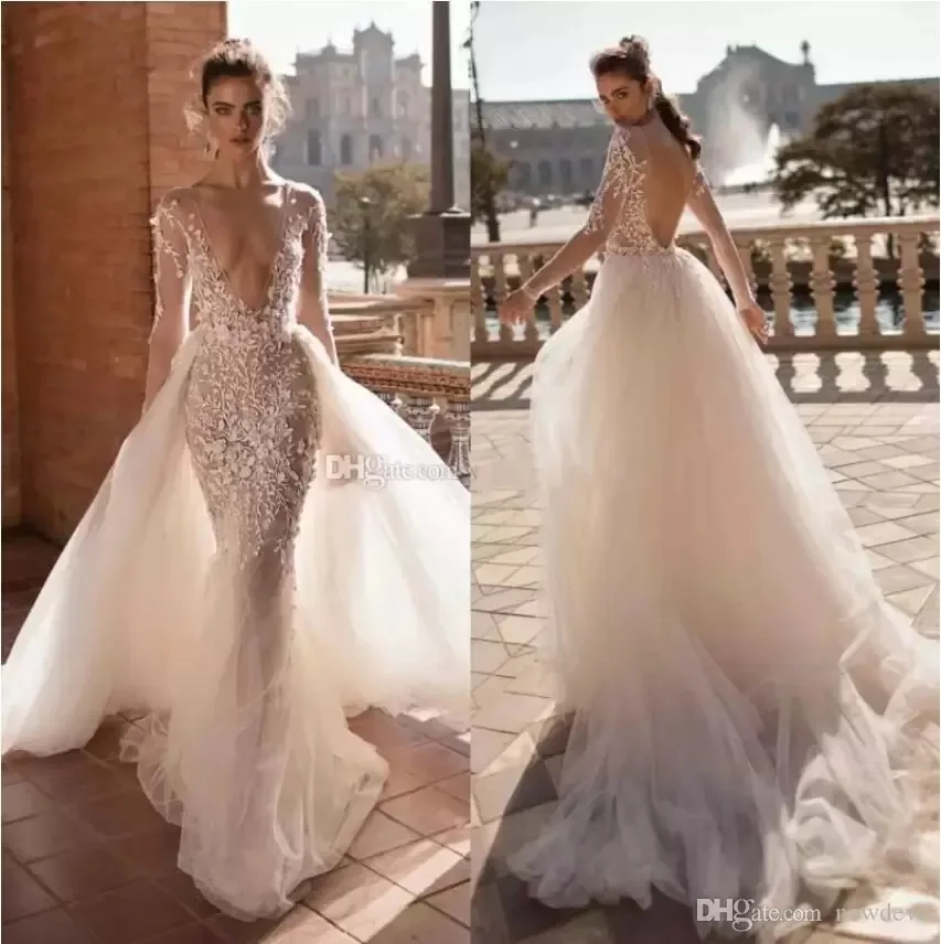 Nàng Tiên Cá Váy Áo Cổ V Sâu Overskirt Tay Dài Hở Lưng Cô Dâu VÁY BẦU REN Appliqued Voan Plus Kích Thước Vestidos De Novia