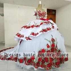 Mexican White Satin Embroidery Quinceanera Dresses 2024 Bow Crystals Off Shoulder Sweet 16 Dress Ball Gown Lace-Up Birthday Gown