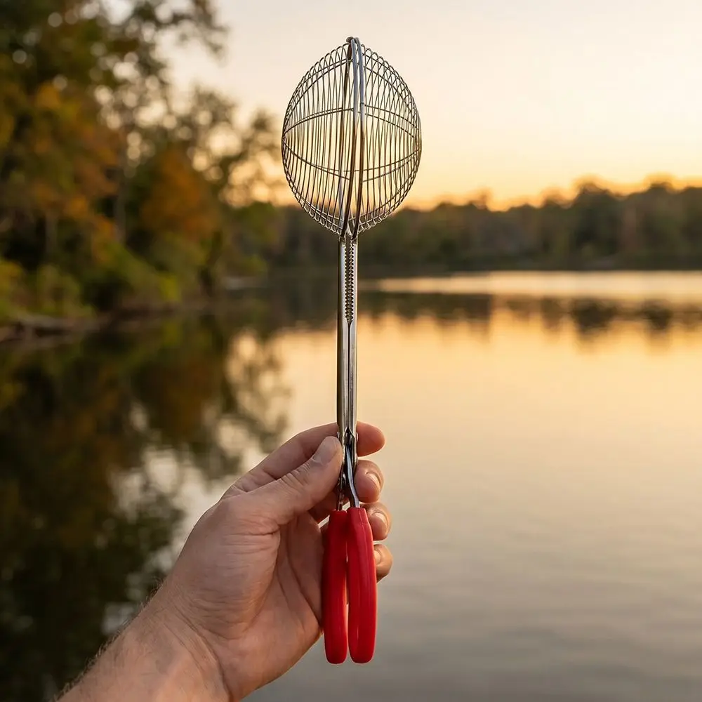 

17Cm Net Cover Fishing Gripper Stainless Steel Mesh Strainer Fishing Net Tong Comfortable Grip Anti-Slip Handle