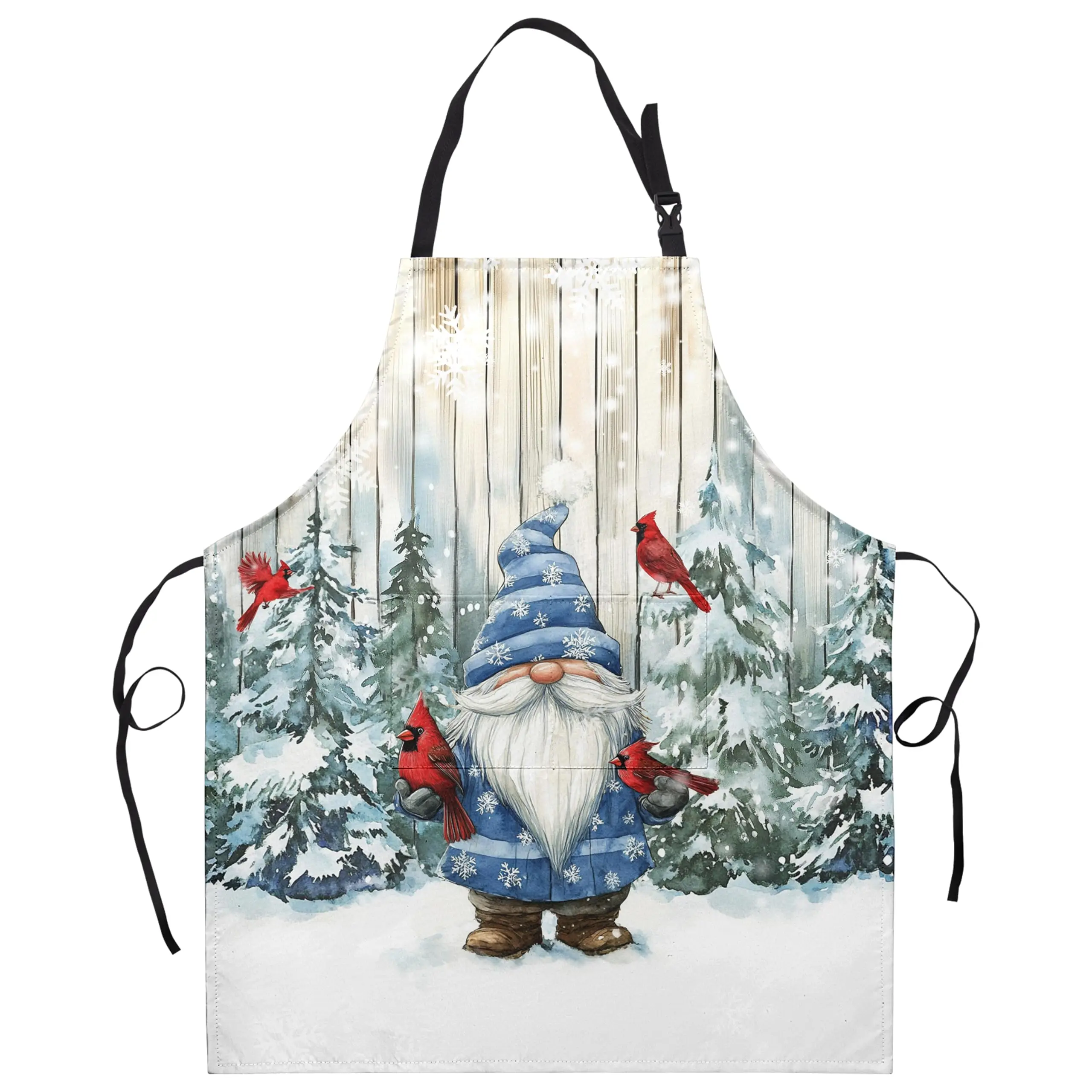 

Blue Christmas Gnome Apron Gnome Cardinal Kitchen Apron Winter Aprons with Adjustable Strap Snowy Trees Snowflakes Apron