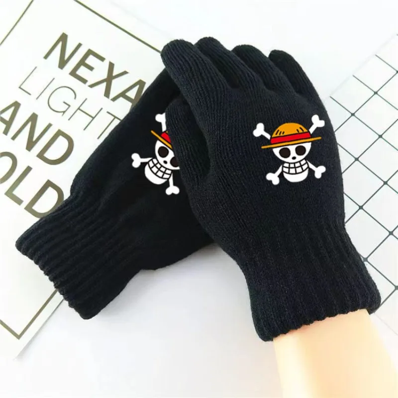 One Piece Pirate Skull Logo Cotton Noctilucent Gloves Edward Newgate Anime Mittens Knitted Fingerless Glove Winter Warm Kid Gift